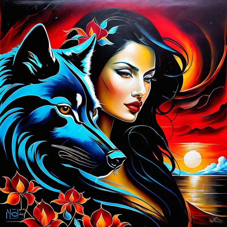 Portrait of woman with dark hair merged with blue wolf face in fiery sunset scene.