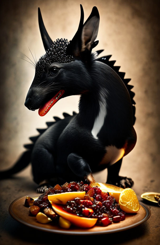 Mythical creature with dog body, bat-like ears, and dragon spine near fruit plate