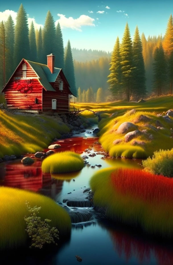 Red house by stream in lush greenery with sunlight - serene landscape