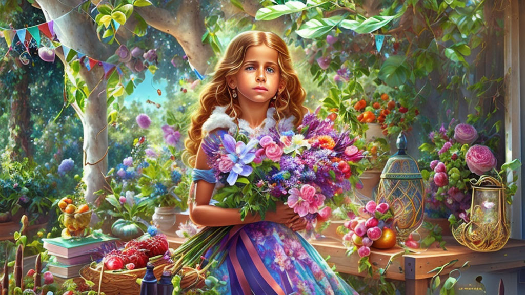 Young girl with bouquet in vibrant garden of fruits, flowers, and decor