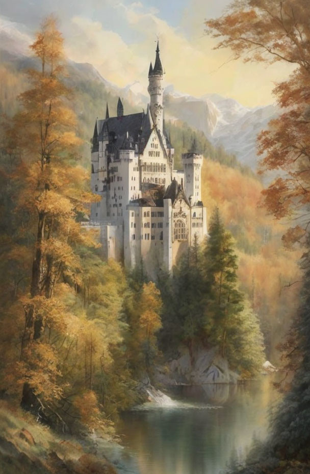 Castle in autumn landscape with mountains and soft light