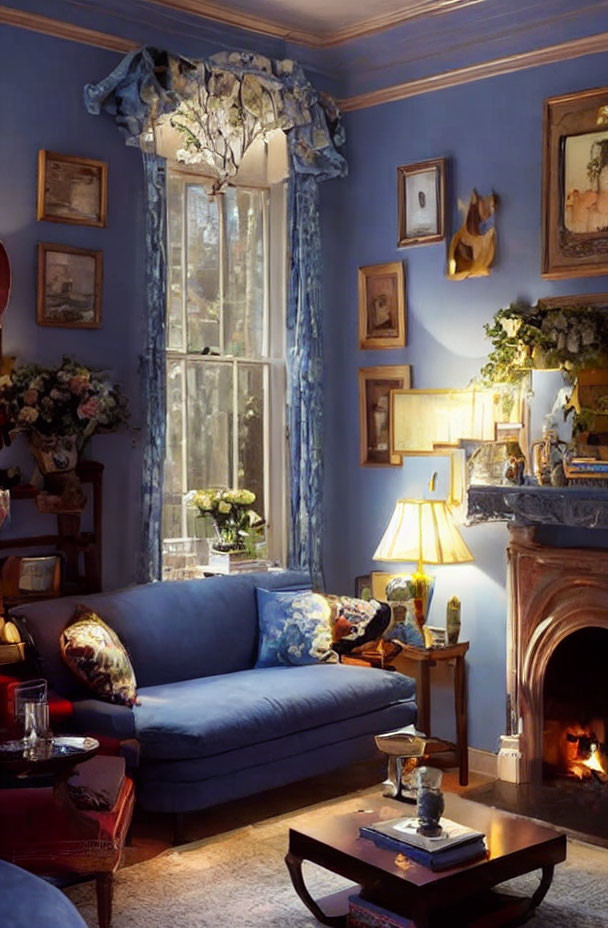 Vintage Living Room in Blue Tones with Plush Sofa & Ornate Fireplace