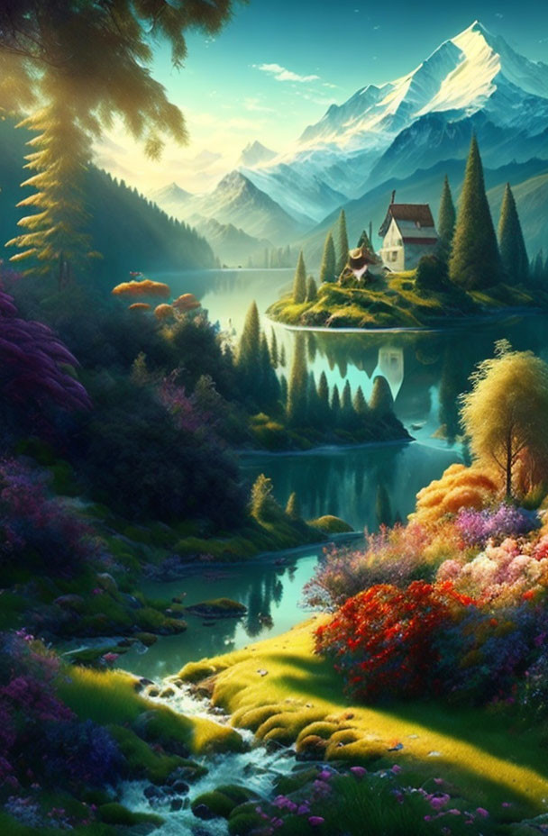 Snow-capped mountain, vibrant flowers, calm river, quaint house - serene landscape scenery.