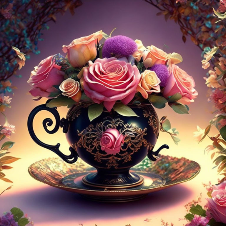 Black teacup with pink and purple flowers on saucer, surrounded by blooming branches