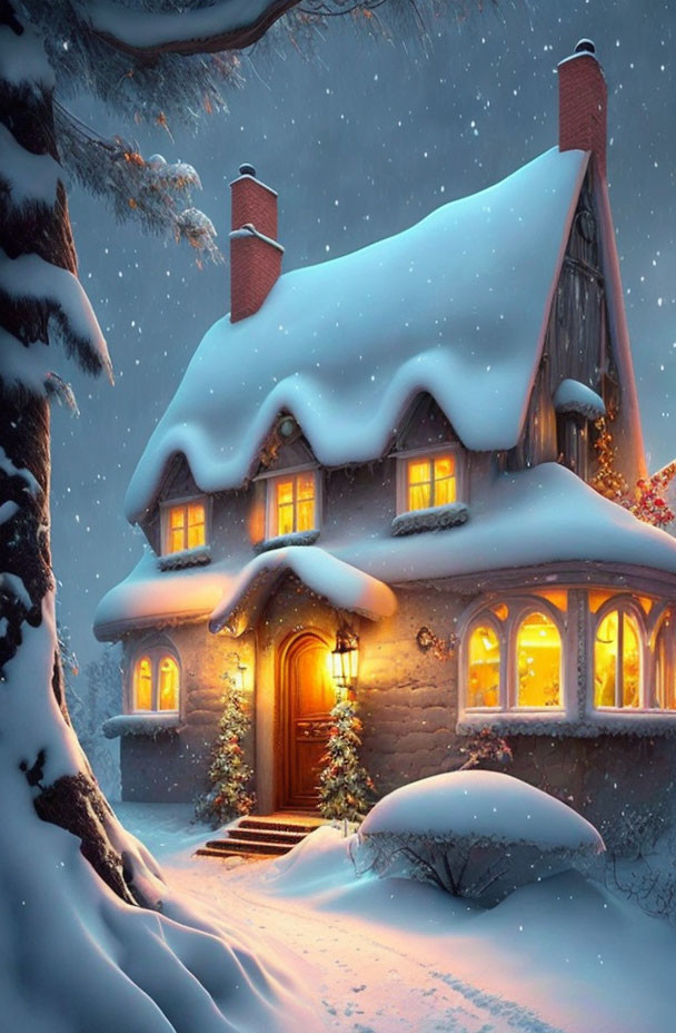 Snow-covered cottage with glowing windows in serene winter twilight