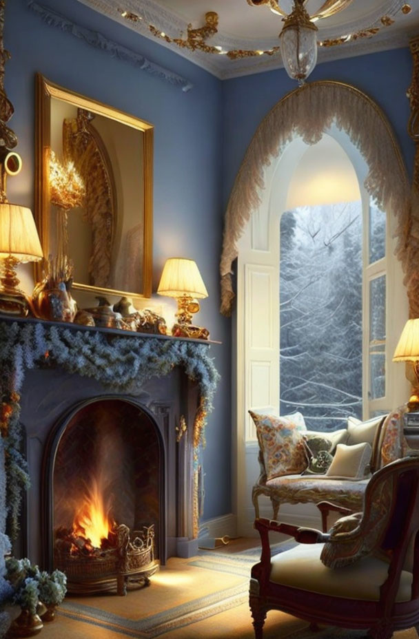 Cozy room with lit fireplace, blue walls, gold details, snowy landscape view