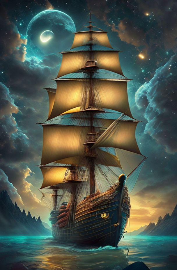 Sailing ship with unfurled sails in fantastical night sky