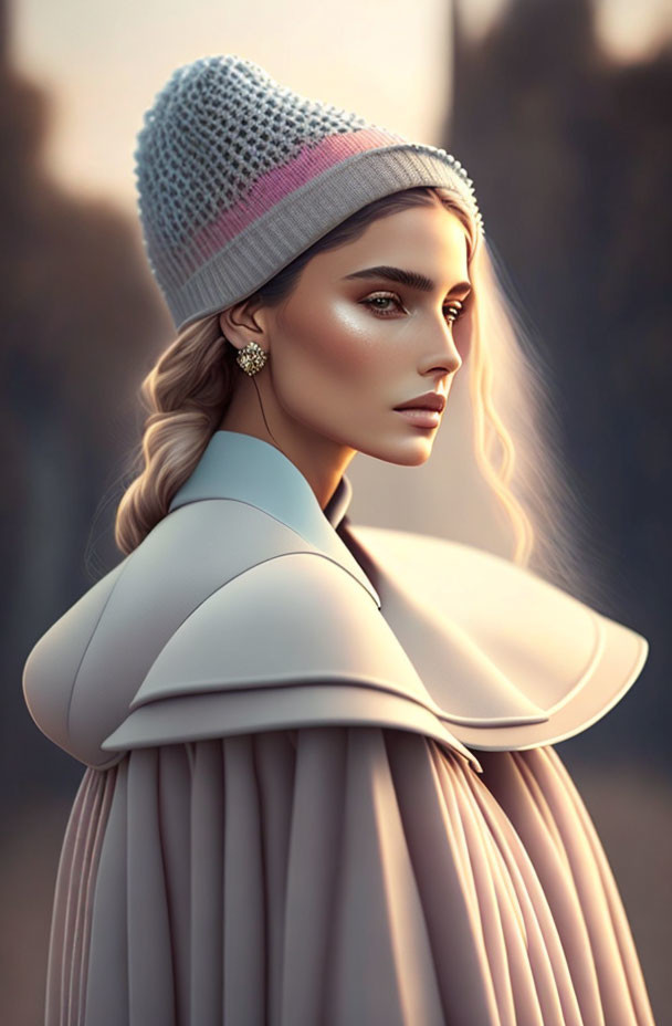 Stylized portrait of woman with glowing skin in pink and gray beanie and pastel cape