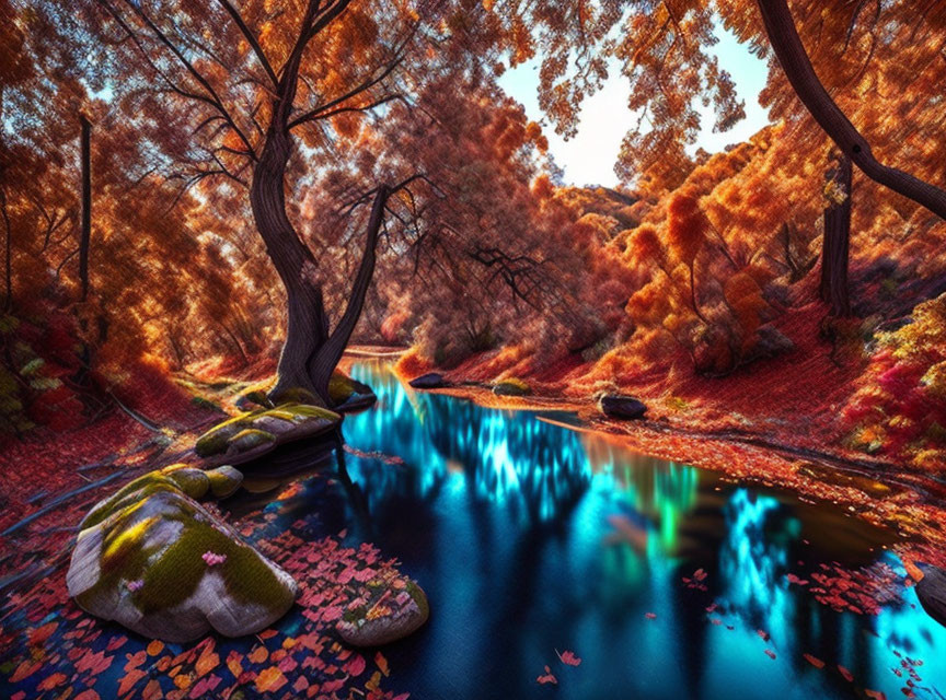 Blue river with fiery-red autumn trees and moss-covered rocks.