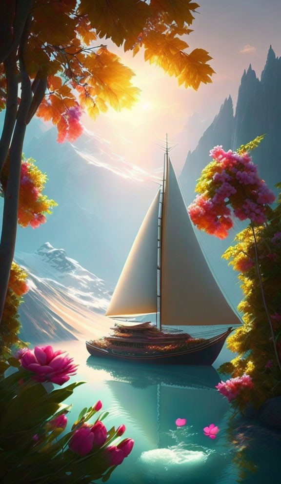 Tranquil lake scene with sailboat, flowers, trees, and mountains at sunrise