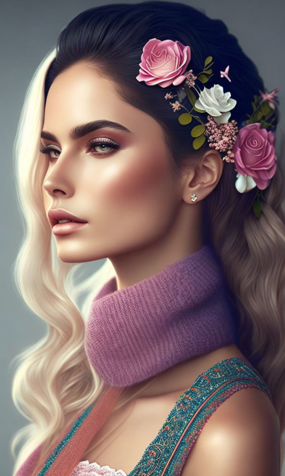 Digital portrait of woman with floral headpiece and wavy blonde hair in high-neck purple top