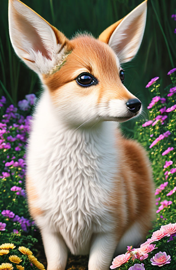 Colorful fennec fox digital art with expressive eyes in floral setting