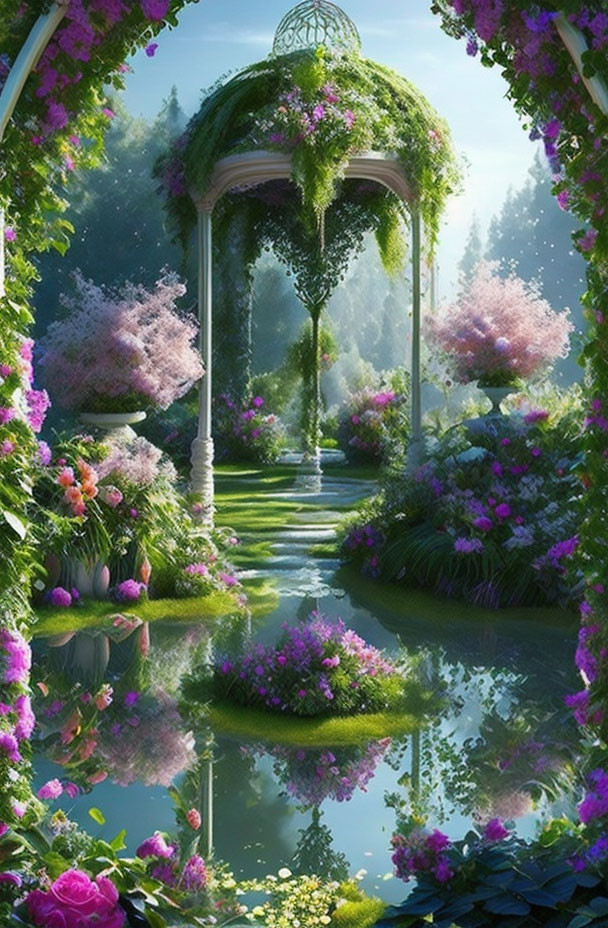 Flowering gazebo in lush garden with serene pond