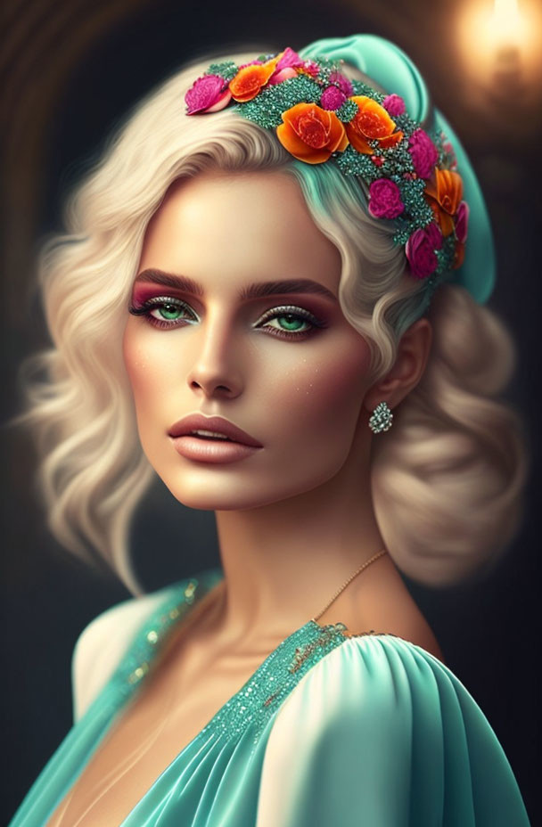 Platinum blonde woman in floral headband and teal dress