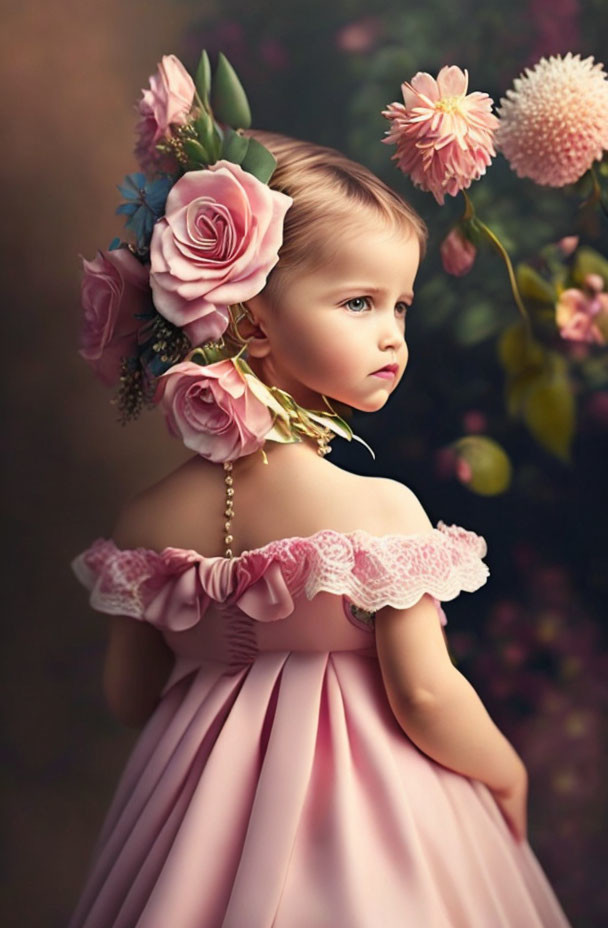 Young girl in pink dress with floral hair accessory on soft floral backdrop