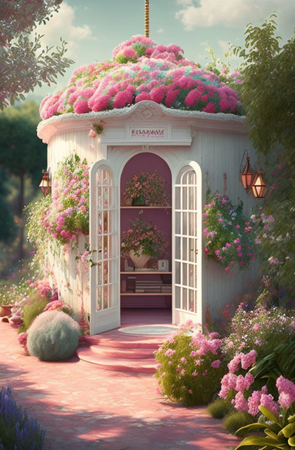 Enchanting garden pavilion with pink flowers and vines in soft light