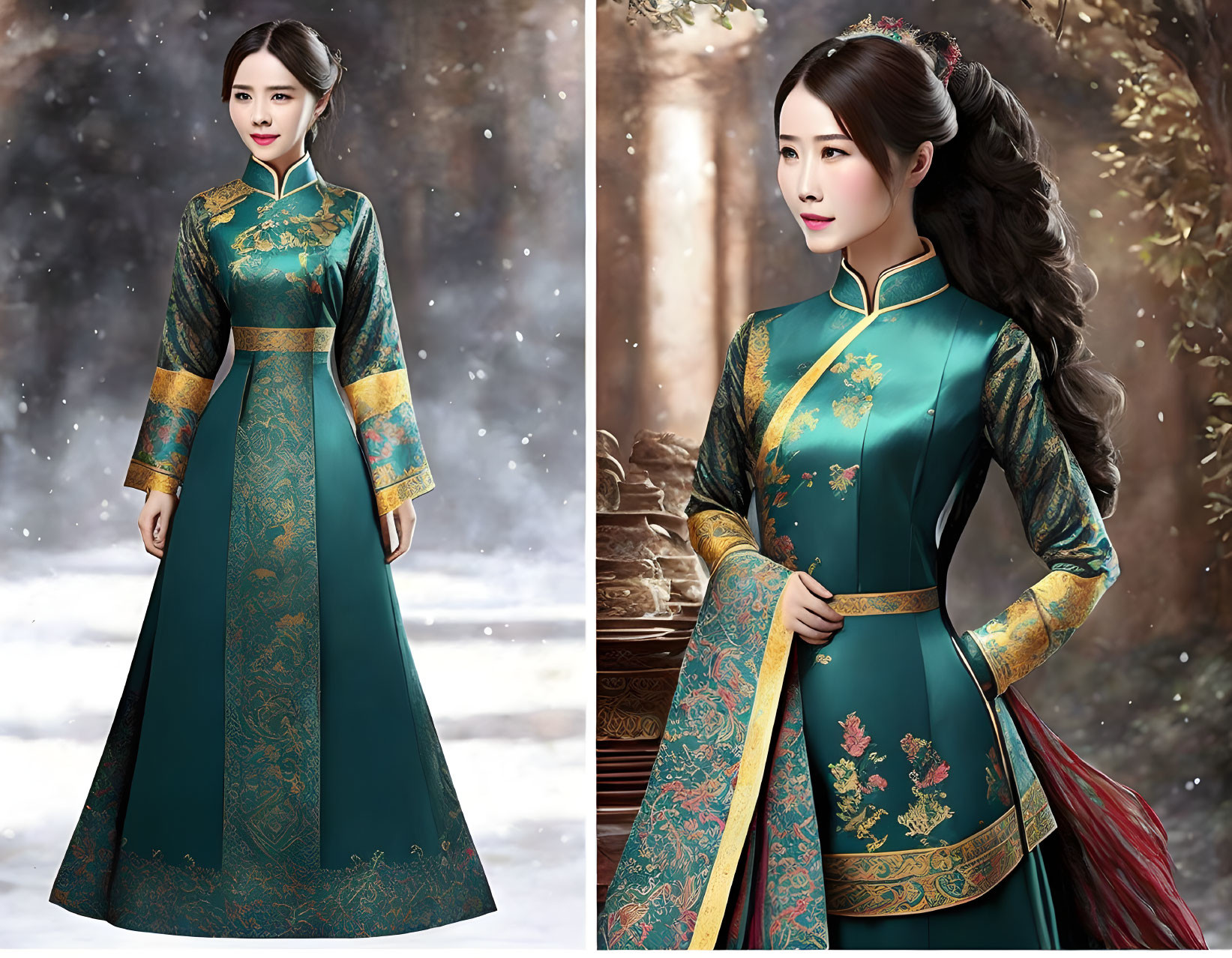 Traditional Chinese Hanfu Dress in Green with Gold Embroidery Against Snowy Background