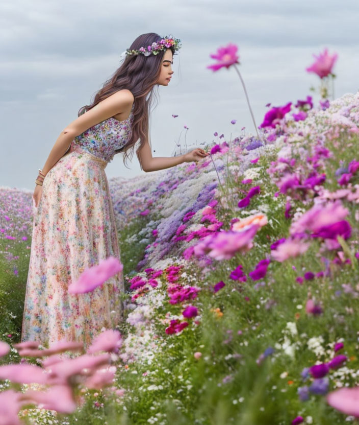 Woman in floral dress admiring flowers in colorful field