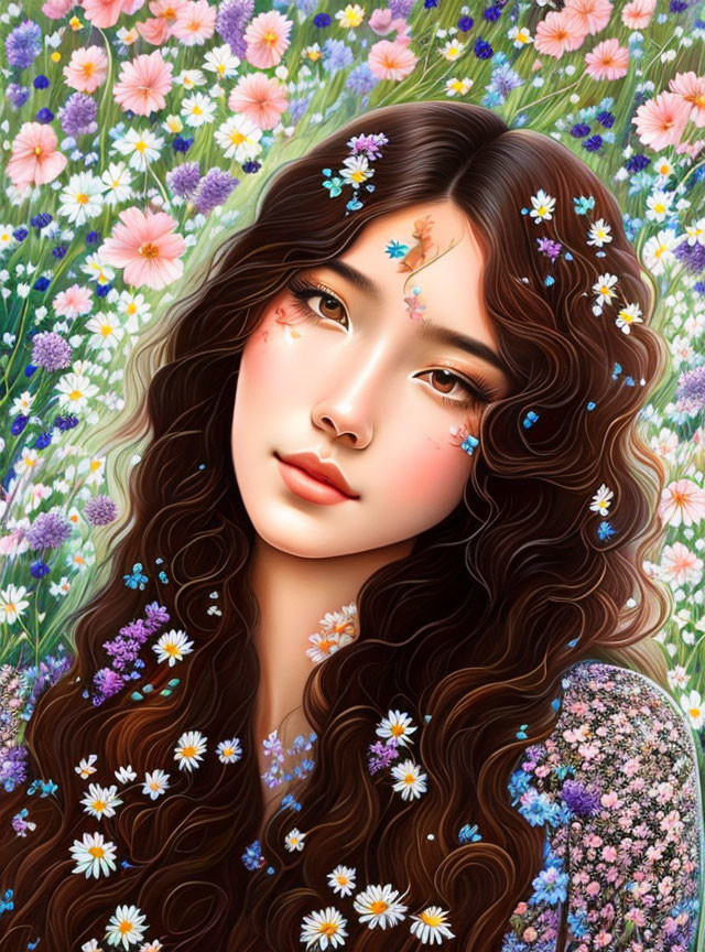 Detailed Artwork: Woman with Long, Wavy Brown Hair and Colorful Flower Adornments in