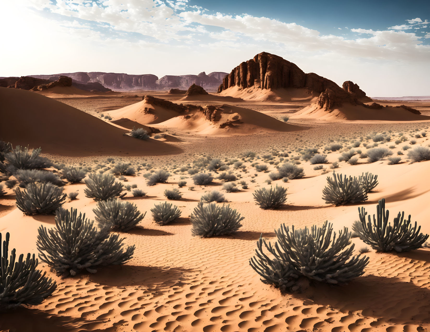 Barren desert landscape with sand dunes and rock formation