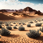 Barren desert landscape with sand dunes and rock formation