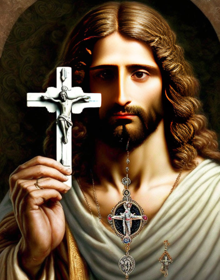 Person holding crucifix with decorative crosses on brown halo background