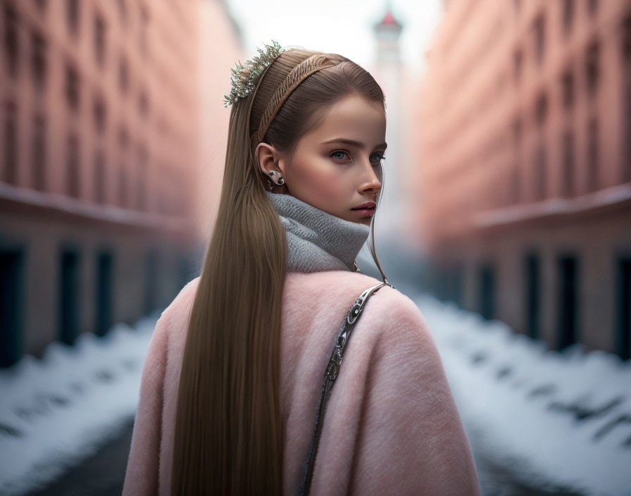 Woman with sleek ponytail in pink coat on city street