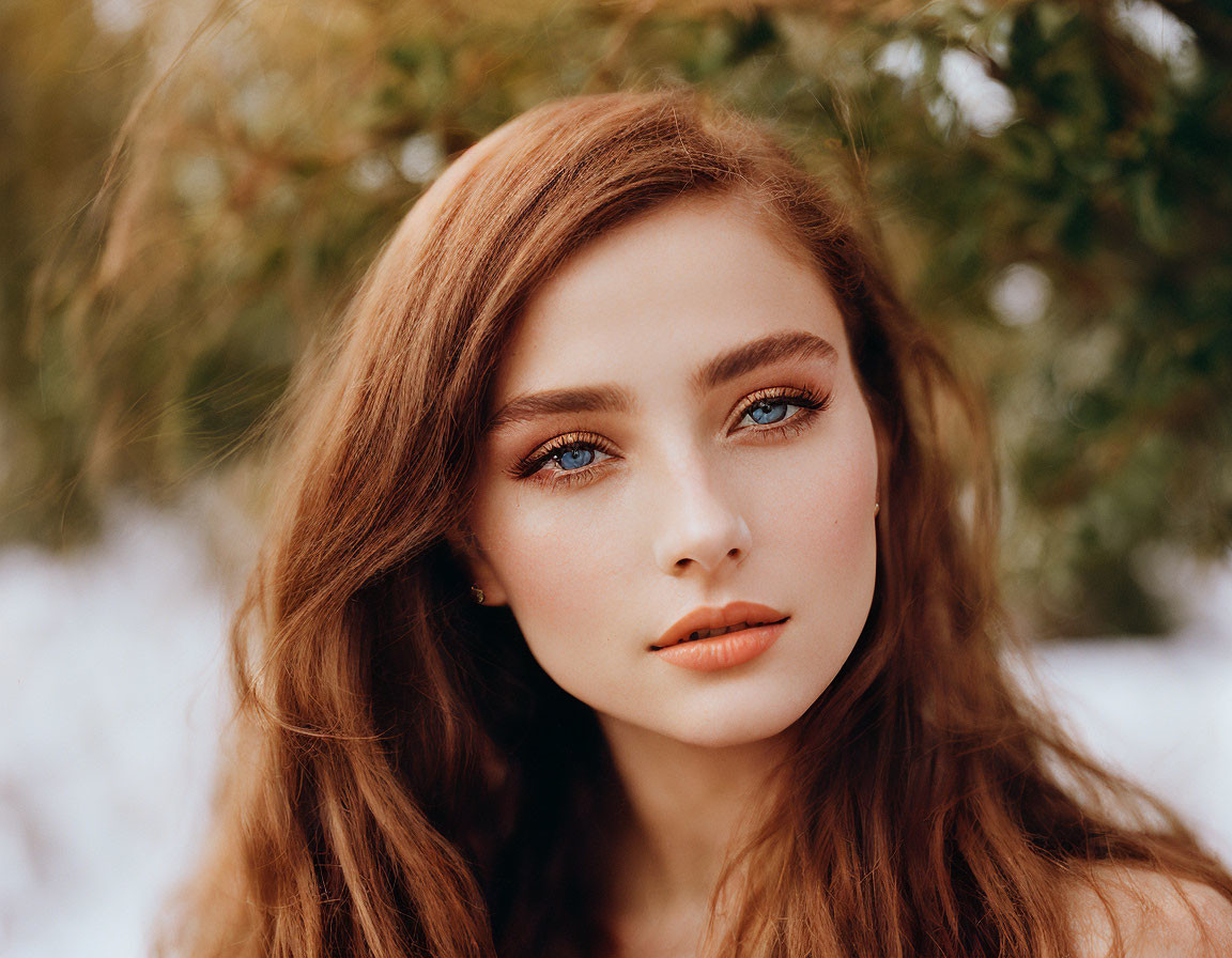 Portrait of Woman with Auburn Hair and Blue Eyes in Snowy Setting