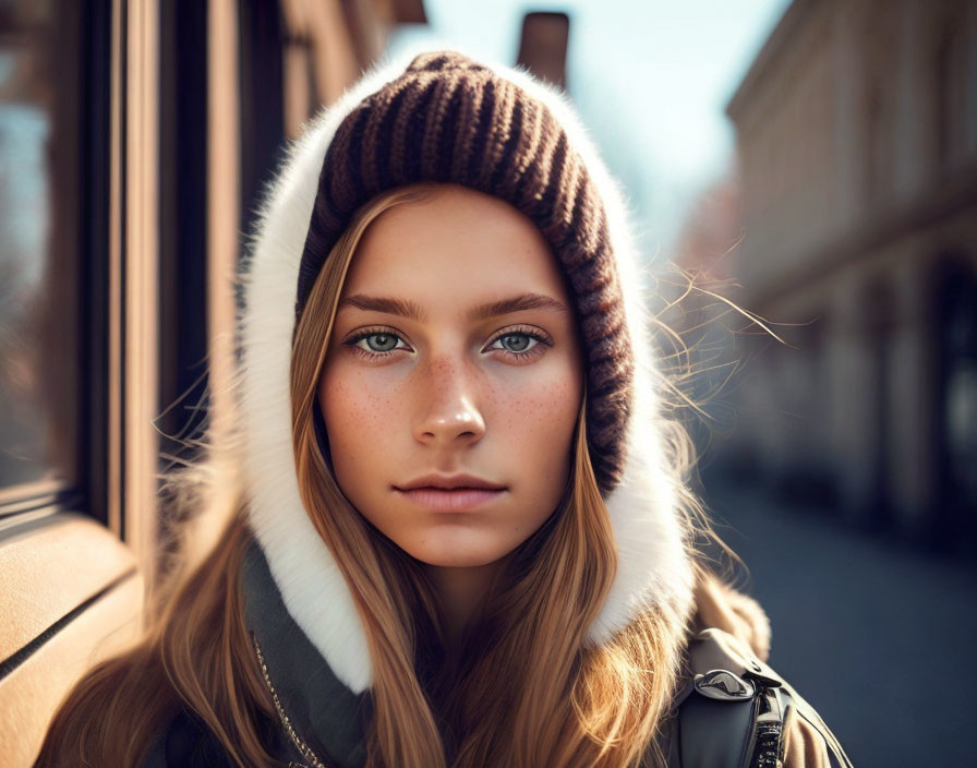 Young woman with beanie and hood, blue eyes, freckles in outdoor sunlight