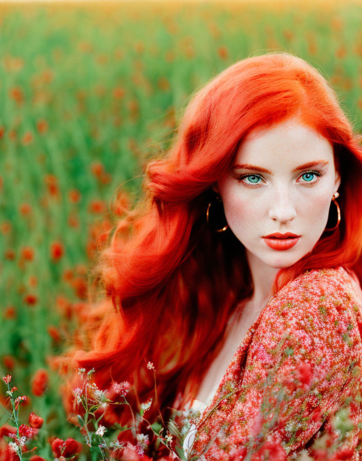 Vibrant red-haired woman in floral field with blue eyes and red blossoms