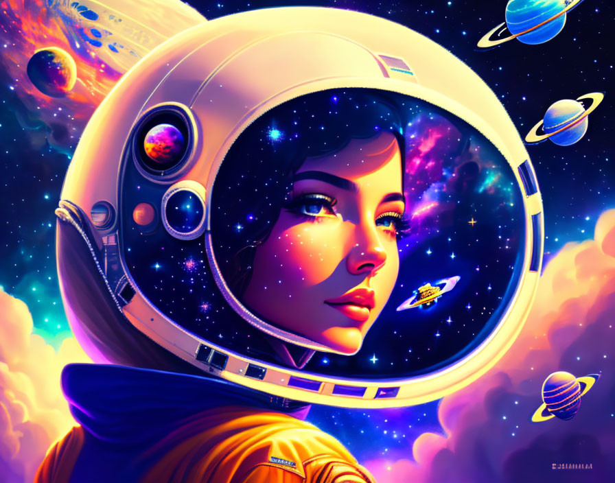 Colorful Woman Astronaut Illustration with Planets and Spaceships in Cosmic Background