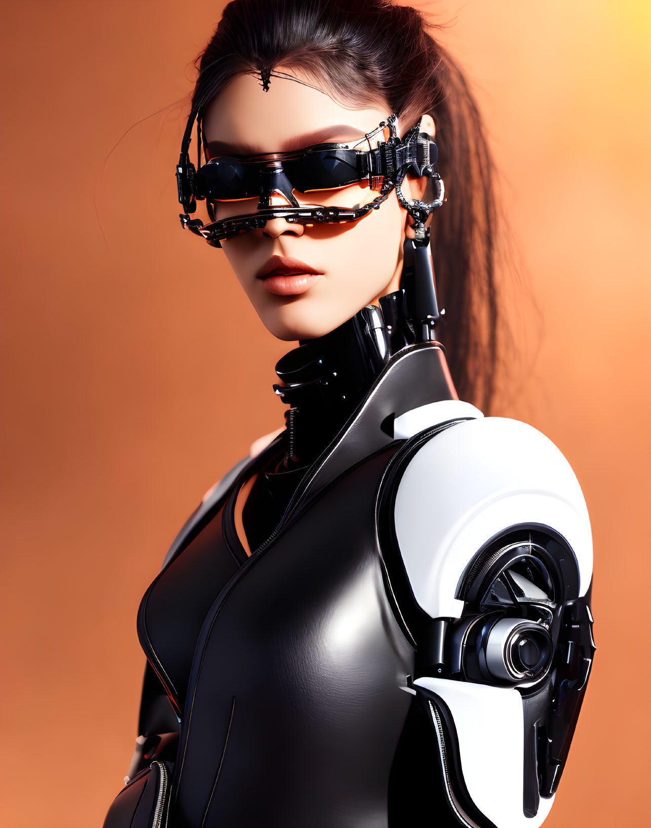 Futuristic female cyborg with stylish sunglasses and advanced headgear on orange backdrop