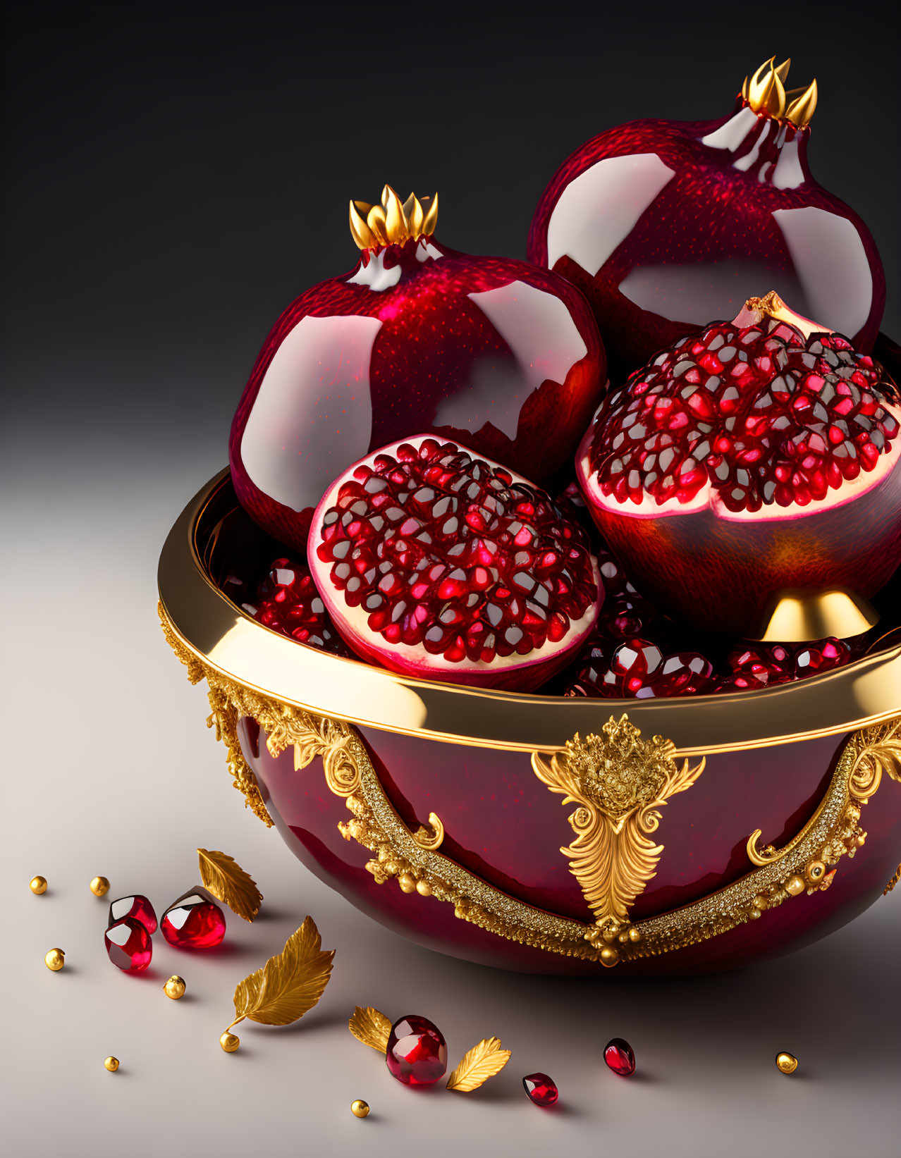 Golden ornate bowl with garnet-like pomegranates on gradient background