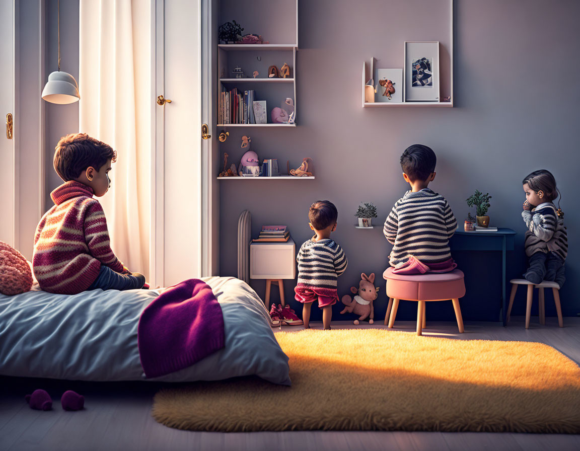 Four Children Sitting Alone in Cozy Room with Soft Lighting and Plush Toys