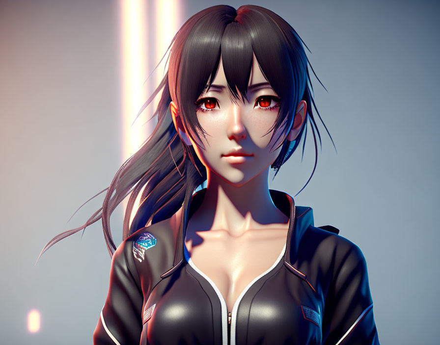 Female anime character: Black hair, red eyes, modern jacket.