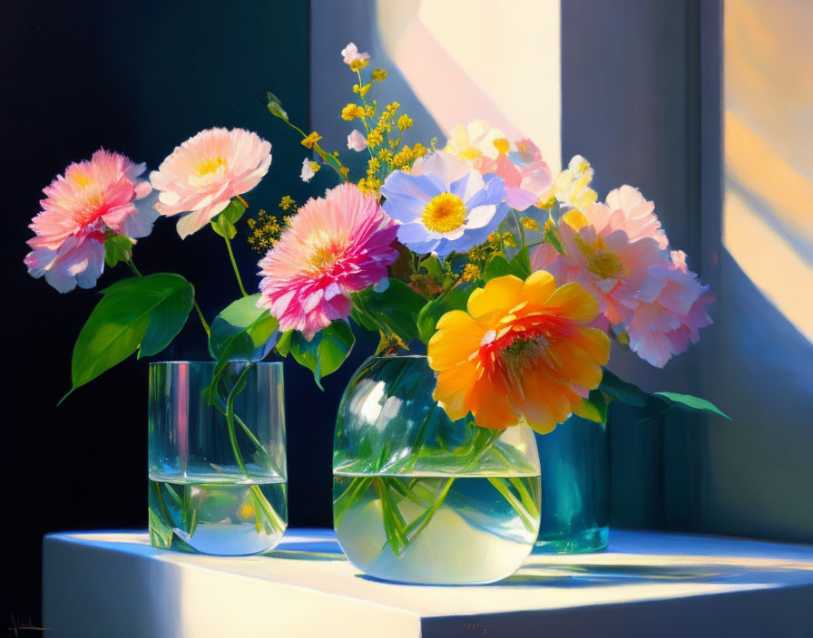 Colorful Flower Still-Life Painting with Glass Vases in Sunlight