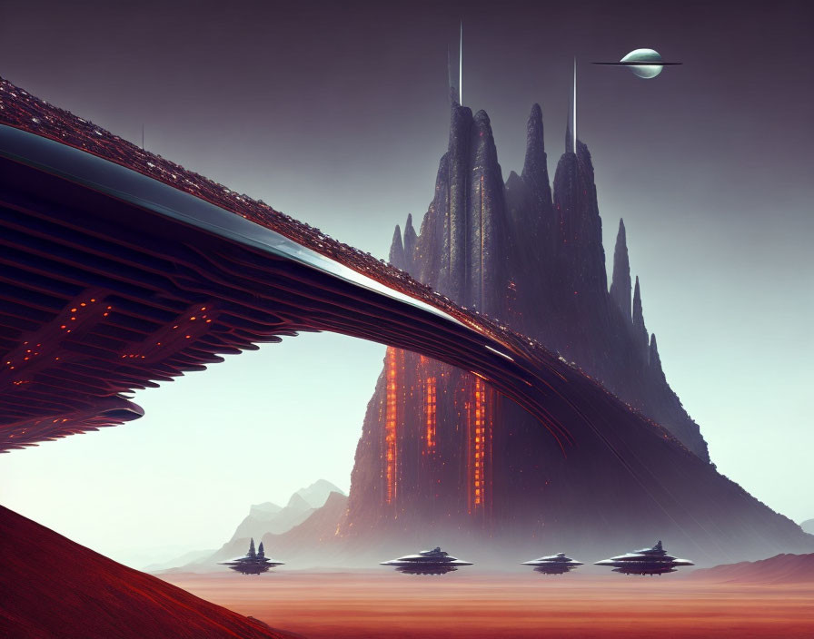 Futuristic landscape with spire, bridge, illuminated patterns, and flying ships