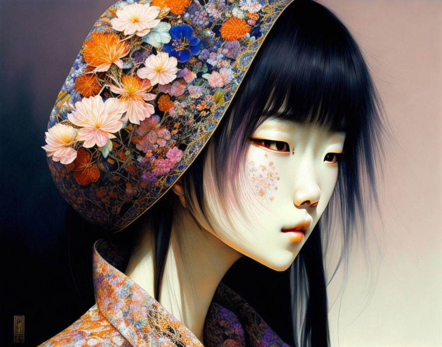 Asian Female in Floral Hat and Robe: Delicate Features and Ethereal Lighting