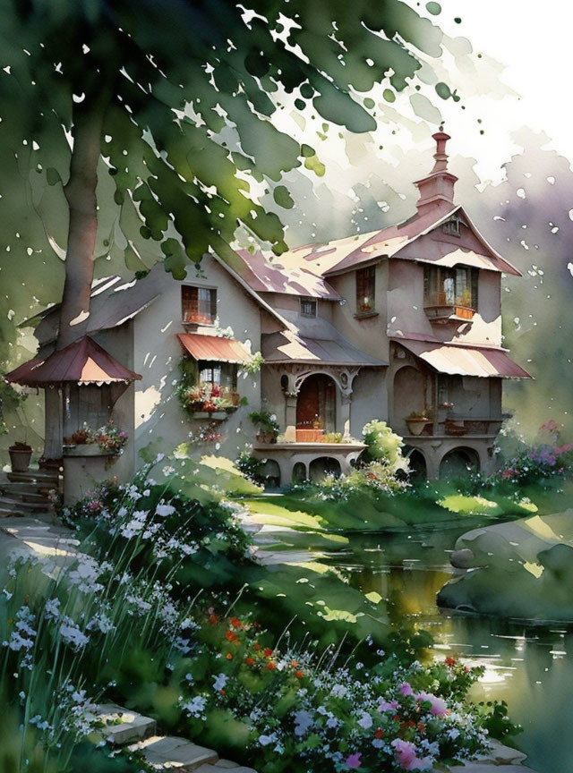 Tranquil watercolor: Cottage with red roofs in lush greenery