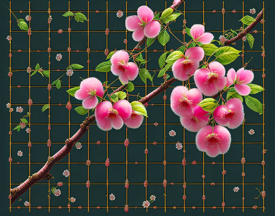 Digital artwork featuring vibrant pink cherry blossoms on dark background with grid pattern.