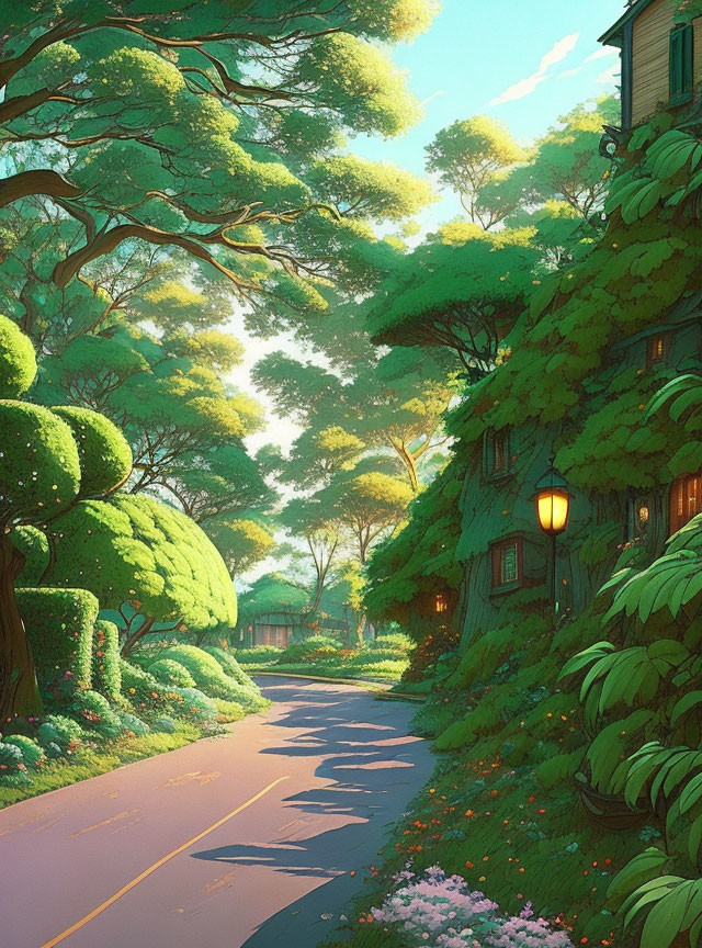 Tranquil street with lush greenery and quaint houses under sunlight and streetlamp glow