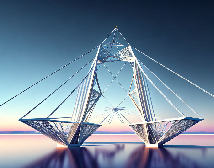 Futuristic sailboat-inspired geometric structure reflected on water at dusk