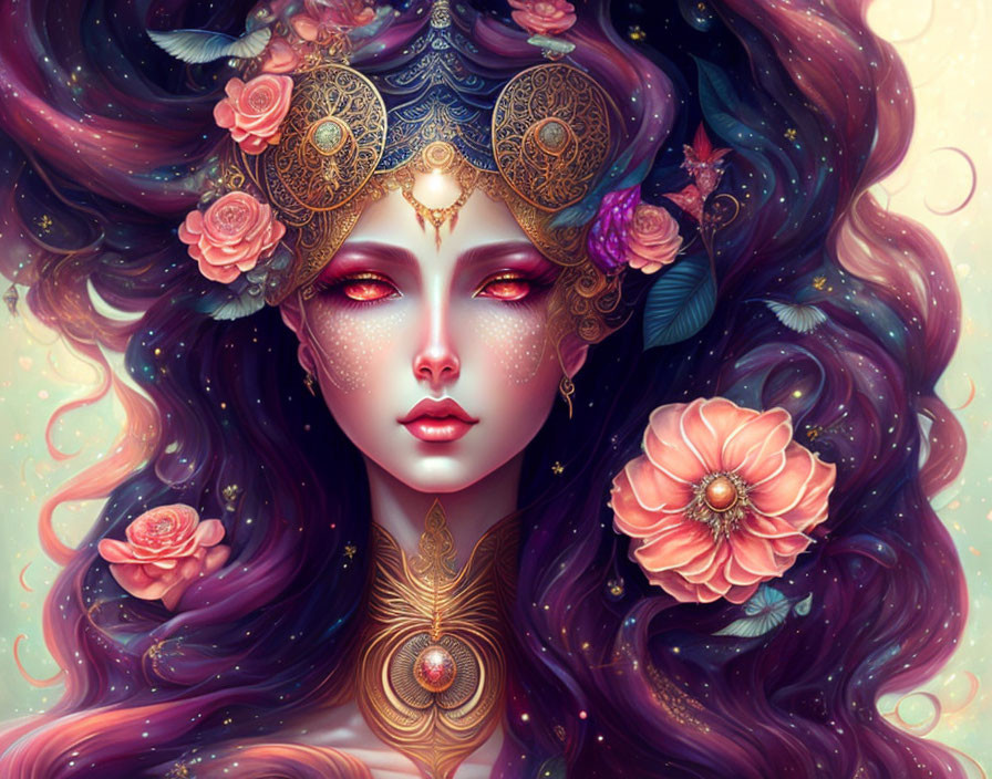 Mystical woman with dark hair, roses, gold jewelry, and tiara