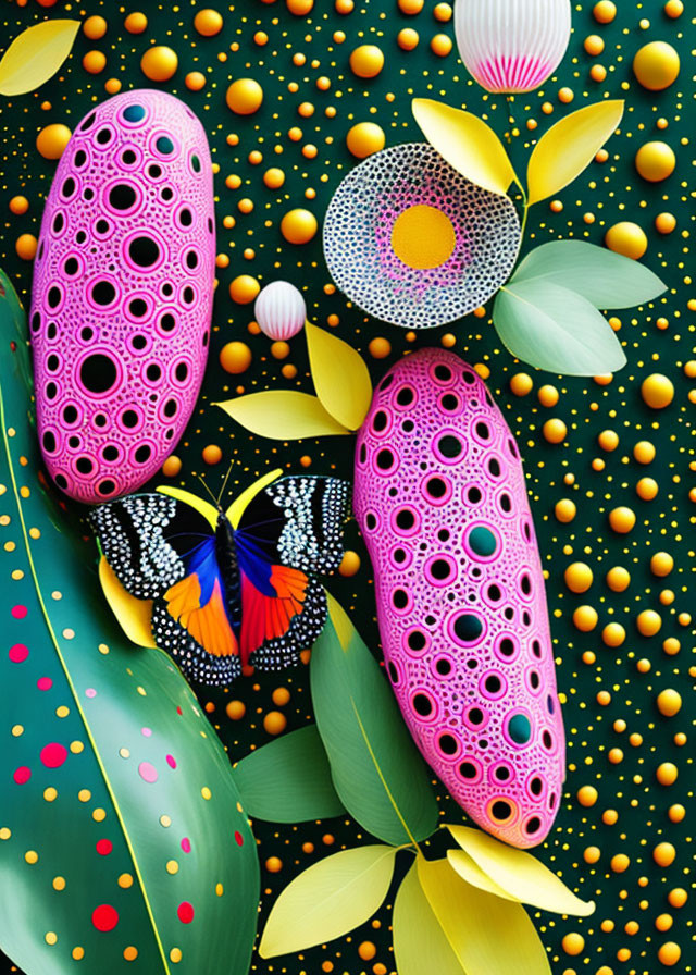 Colorful digital art: psychedelic pods, butterfly, geometric shapes, and foliage on dark background