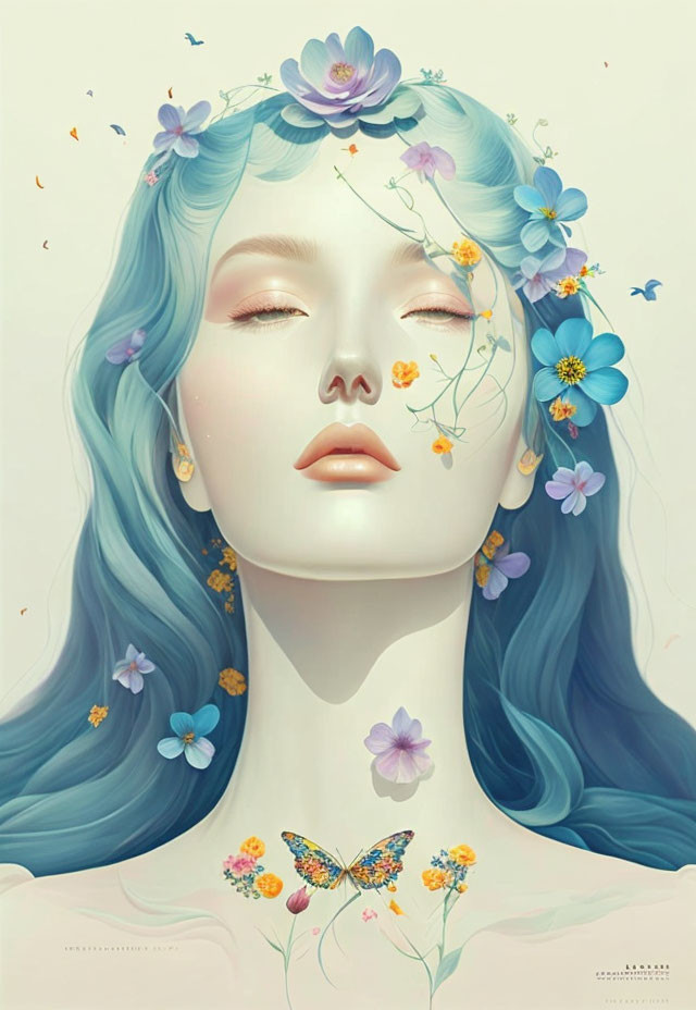 Illustration of woman with blue hair, flowers, and butterflies in serene contemplation