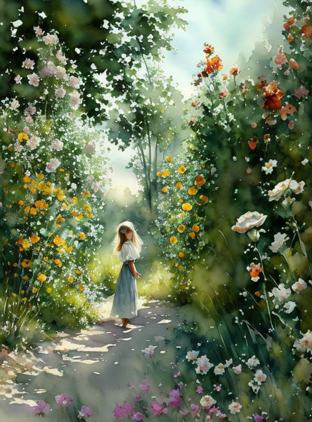 Person walking on sunlit flower-lined path in lush garden