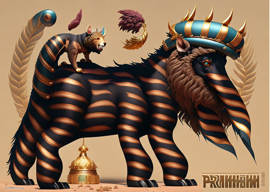 Striped hybrid beast with horned helmet and winged creature next to golden trophy