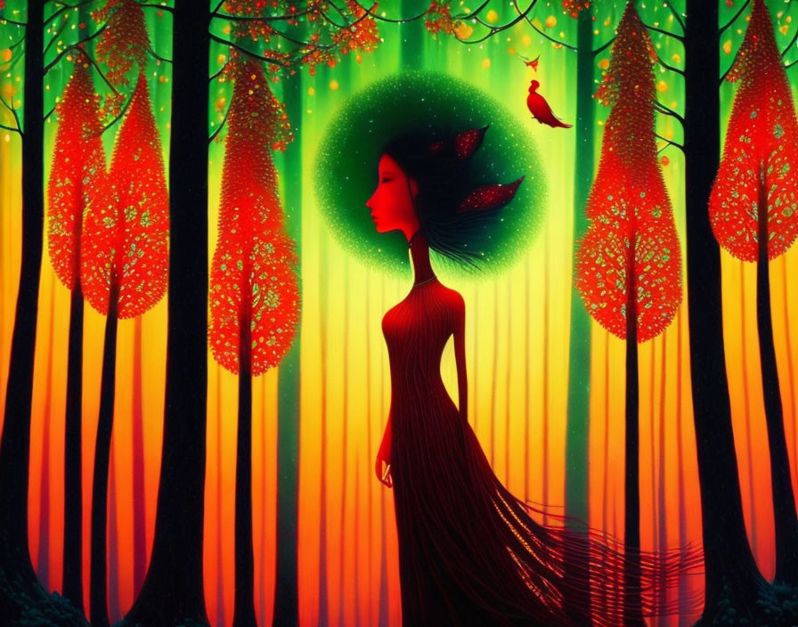 Illustration of woman blending with vibrant forest and surreal sunset