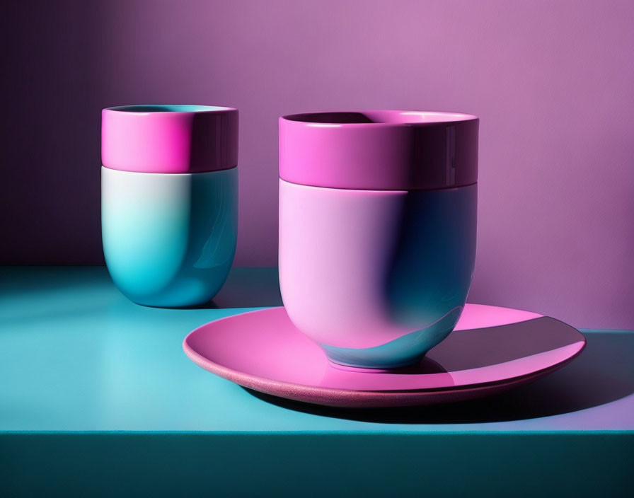 Colorful Cups with Saucer on Purple and Blue Gradient Background