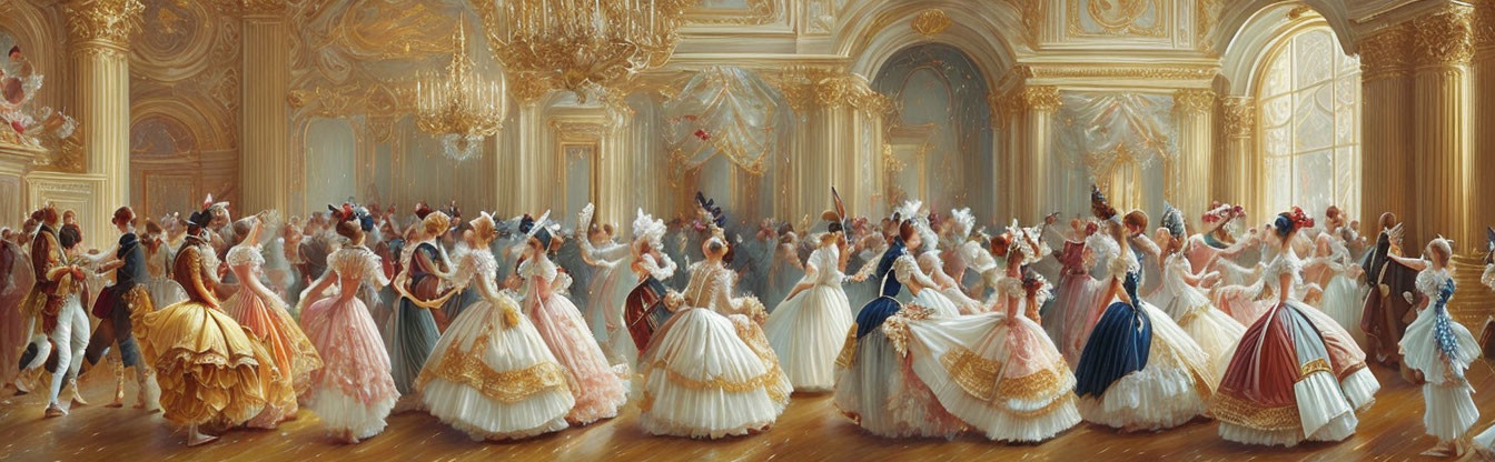 Elaborate Historical Attire in Elegant Ballroom Scene